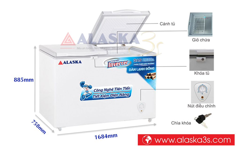 Kích thước tủ đông Alaska HB-650C