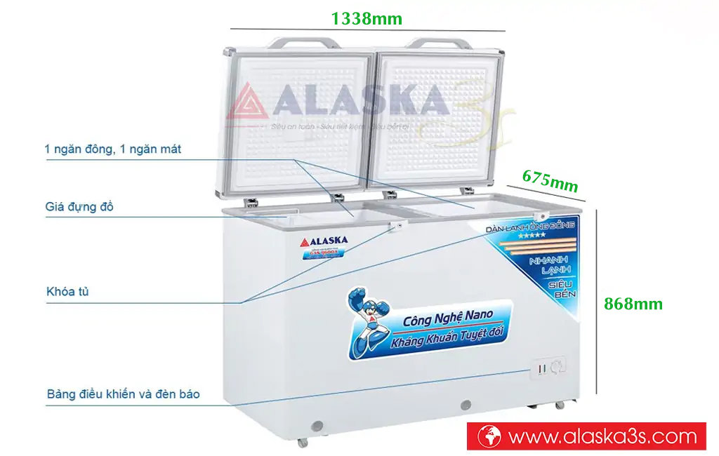 Kích thước tủ đông mát Alaska BCD-5068CI 405Lit