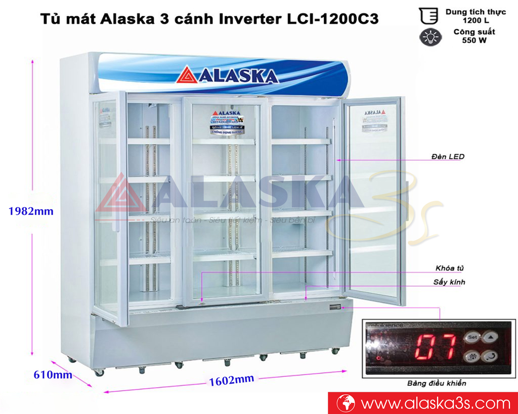 Kích thước tủ mát Alaska LCI-1200C3 Inverter