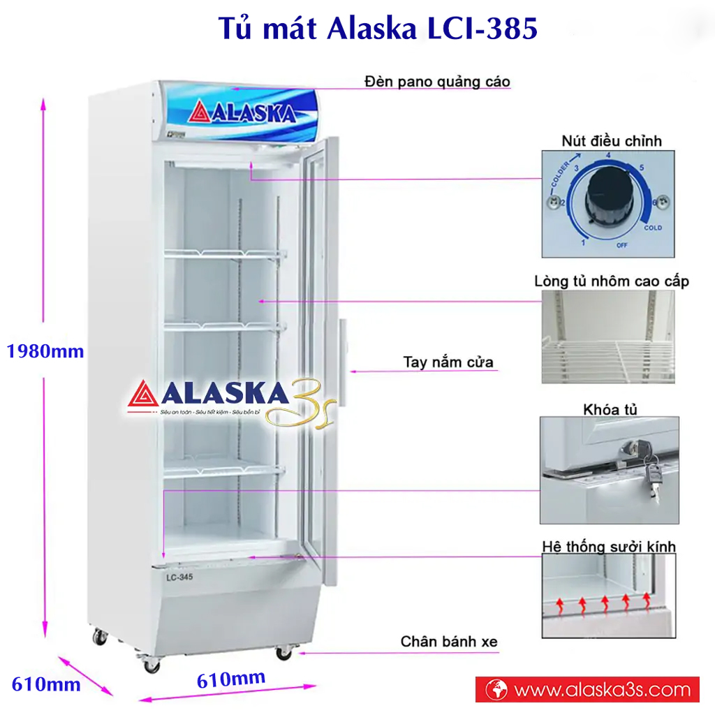 Kích thước tủ mát Alaska LCI-385