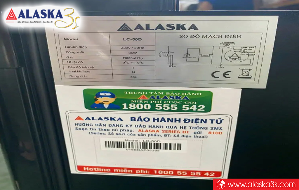 Tem thông số kỹ thuật Tủ mát mini Alaska LC-50D