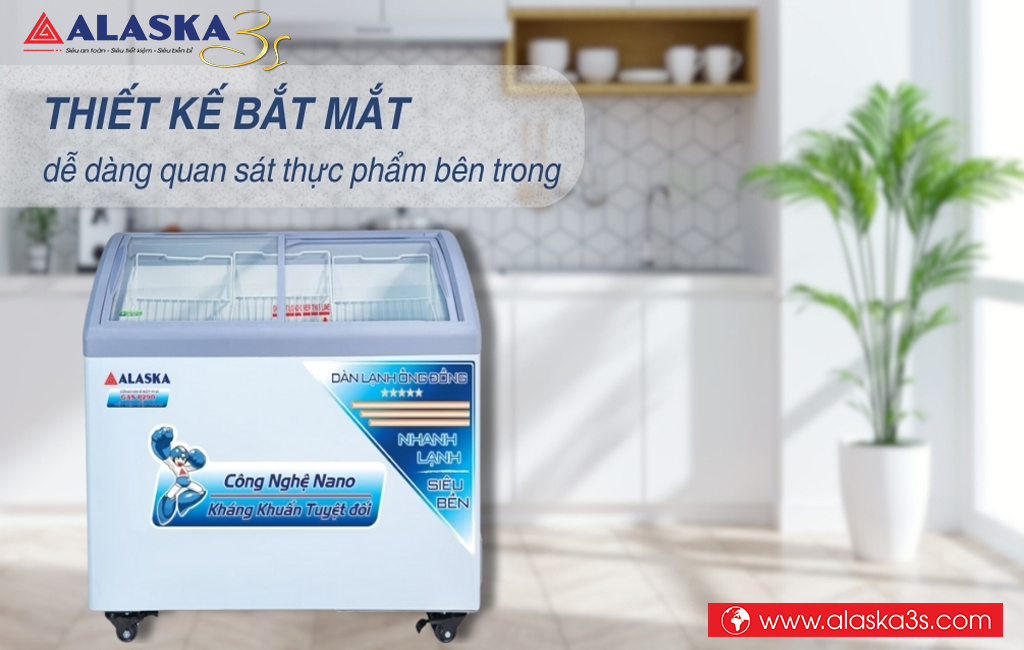 Tủ đông mặt kính cong Alaska trưng bày sản phẩm đẹp mắt