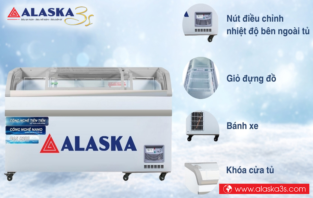Tủ đông mặt kính cong Alaska KC-395 kèm các tiện ích thông minh