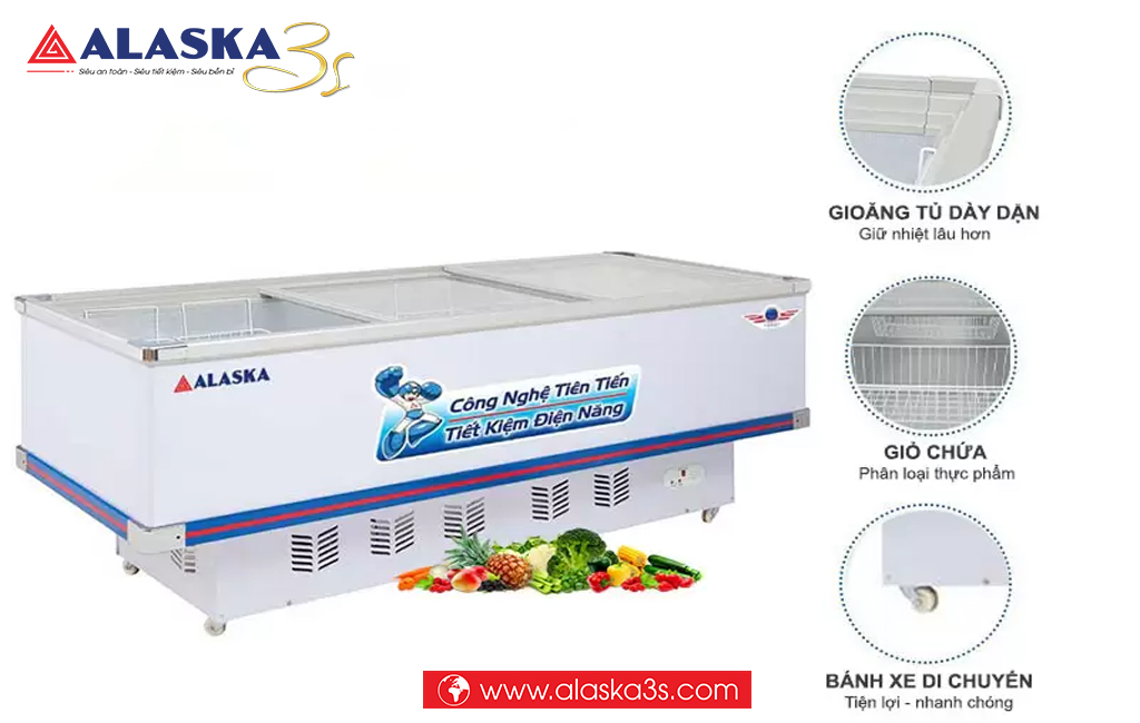 Tủ đông nắp kính phẳng Alaska kèm các tiện ích chuyên dụng