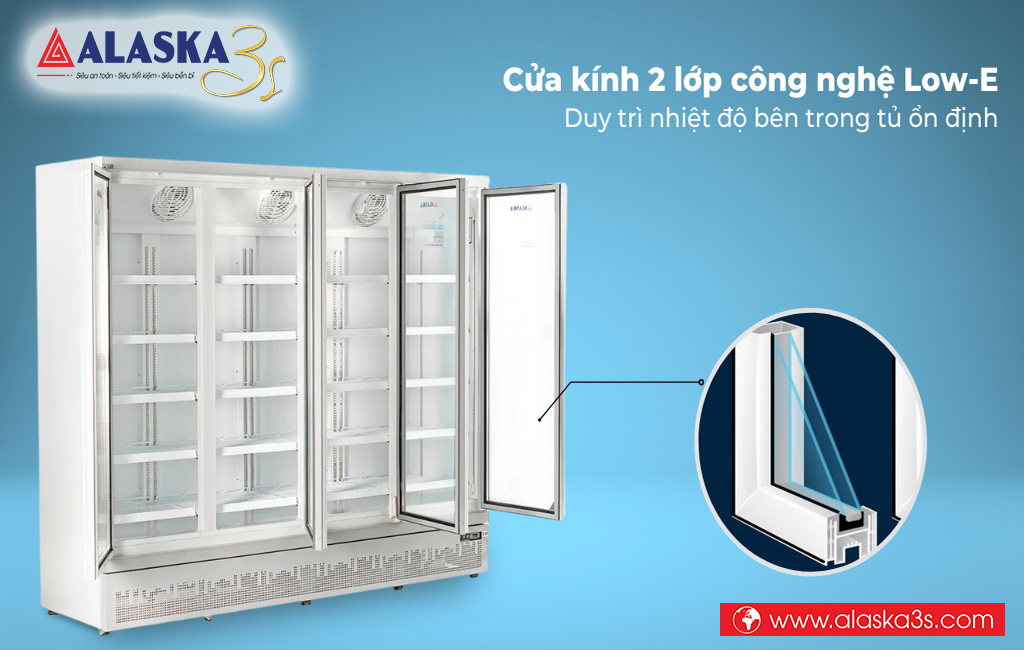 Tủ mát 4 cánh Alaska cửa kính 2 lớp LOW E chóng đọng sương